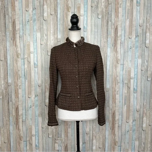 Tahari XS Brown Tweed Wool Velvet Collar Snap Blazer Jacket Vintage Victorian - Picture 2 of 8